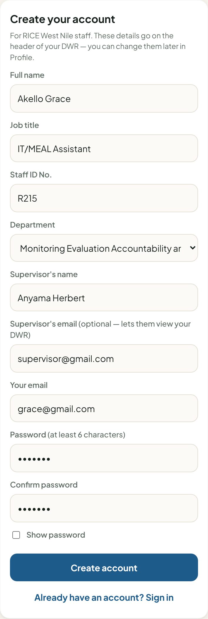 Create account form